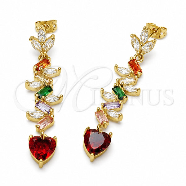 Oro Laminado Long Earring, Gold Filled Style Heart and Leaf Design, with Multicolor Cubic Zirconia, Polished, Golden Finish, 02.282.0202