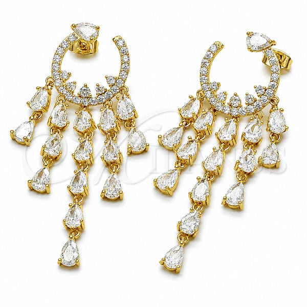 Oro Laminado Long Earring, Gold Filled Style Teardrop Design, with White Cubic Zirconia, Polished, Golden Finish, 02.282.0203