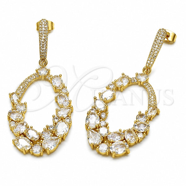 Oro Laminado Long Earring, Gold Filled Style Teardrop Design, with White Cubic Zirconia and White Micro Pave, Polished, Golden Finish, 02.282.0204