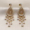 Oro Laminado Long Earring, Gold Filled Style Teardrop and Cluster Design, with White Cubic Zirconia and White Micro Pave, Polished, Golden Finish, 02.282.0205