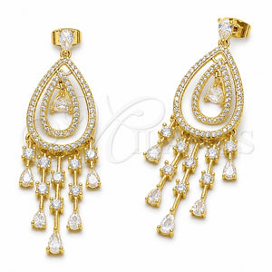Oro Laminado Long Earring, Gold Filled Style Teardrop and Cluster Design, with White Cubic Zirconia and White Micro Pave, Polished, Golden Finish, 02.282.0205