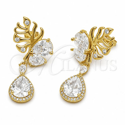 Oro Laminado Long Earring, Gold Filled Style Leaf and Teardrop Design, with White Micro Pave and White Cubic for wholesale, main product view