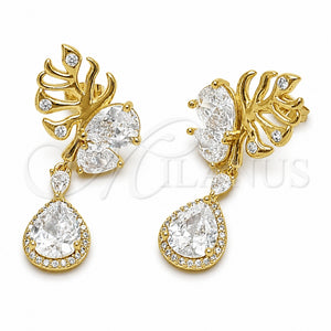 Oro Laminado Long Earring, Gold Filled Style Leaf and Teardrop Design, with White Micro Pave and White Cubic Zirconia, Polished, Golden Finish, 02.282.0142.1