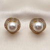Oro Laminado Stud Earring, Gold Filled Style Ball Design, with Ivory Pearl and White Cubic Zirconia, Polished, Golden Finish, 02.282.0206