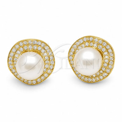 Oro Laminado Stud Earring, Gold Filled Style Ball Design, with Ivory Pearl and White Cubic Zirconia, Polished for wholesale, main product view