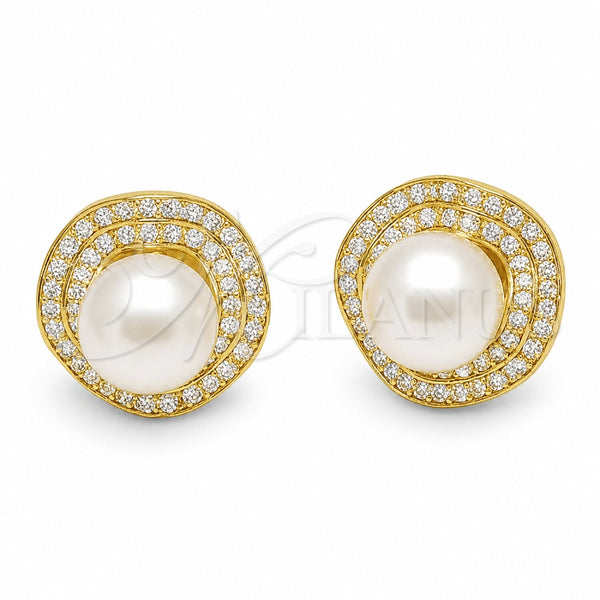 Oro Laminado Stud Earring, Gold Filled Style Ball Design, with Ivory Pearl and White Cubic Zirconia, Polished, Golden Finish, 02.282.0206