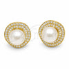 Oro Laminado Stud Earring, Gold Filled Style Ball Design, with Ivory Pearl and White Cubic Zirconia, Polished, Golden Finish, 02.282.0206