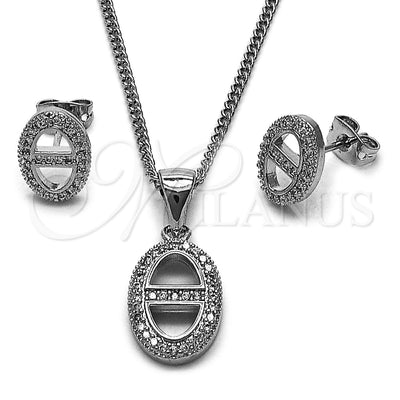 Rhodium Gold Filled Earring and Pendant Adult Set, Puff Mariner Design, with White Micro Pave, Polished, Rhodium Finish, 10.342.0146.1