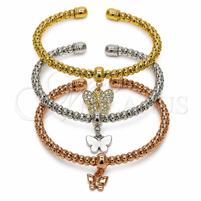 Oro Laminado Trio Bangle, Gold Filled Style Butterfly and Ball Design, with White Cubic Zirconia, Polished, Tricolor, 07.282.0120 (Thickness, One size fits all)