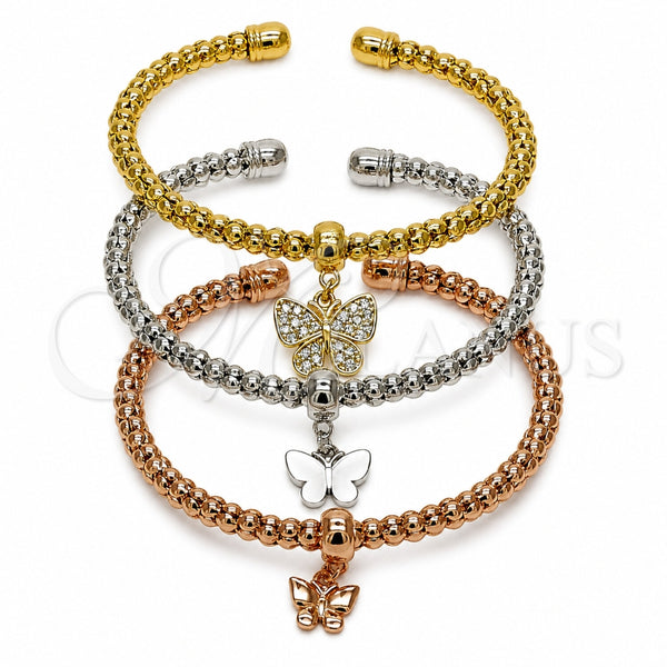 Oro Laminado Trio Bangle, Gold Filled Style Butterfly and Ball Design, with White Cubic Zirconia, Polished, Tricolor, 07.282.0120 (Thickness, One size fits all)