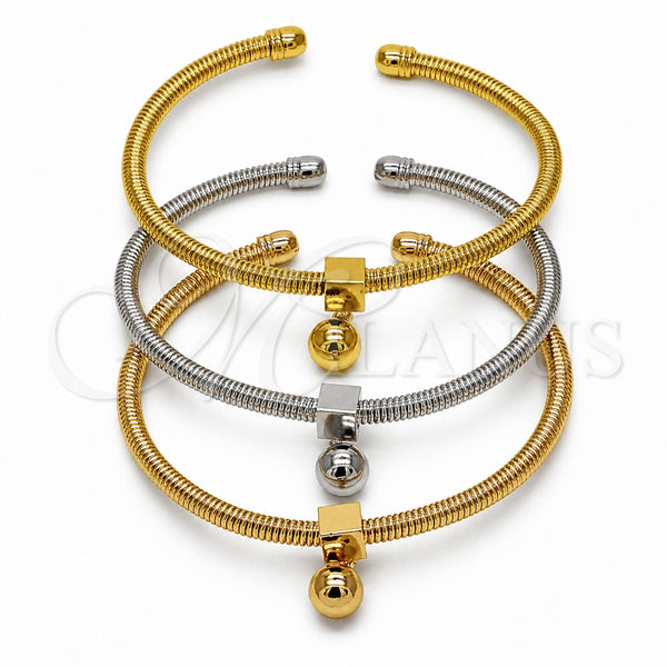 Oro Laminado Individual Bangle, Gold Filled Style Ball and Rat Tail Design, Polished, Tricolor, 07.282.0121 (Thickness, One size fits all)