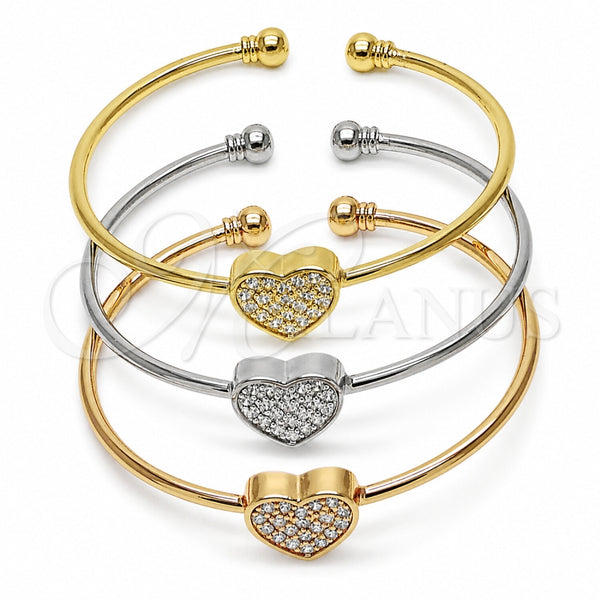 Oro Laminado Individual Bangle, Gold Filled Style Heart and Ball Design, with White Cubic Zirconia, Polished, Tricolor, 07.282.0122 (Thickness, One size fits all)