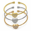 Oro Laminado Individual Bangle, Gold Filled Style Heart and Ball Design, with White Cubic Zirconia, Polished, Tricolor, 07.282.0122 (Thickness, One size fits all)