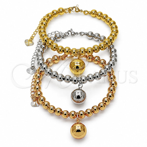 Oro Laminado Trio Bangle, Gold Filled Style Ball Design, Polished, Tricolor, 07.282.0123 (06 MM Thickness, One size fits all)