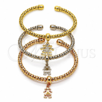 Oro Laminado Trio Bangle, Gold Filled Style Ball and Little Girl Design, with White Cubic Zirconia, Polished, Tricolor, 07.282.0125 (Thickness, One size fits all)
