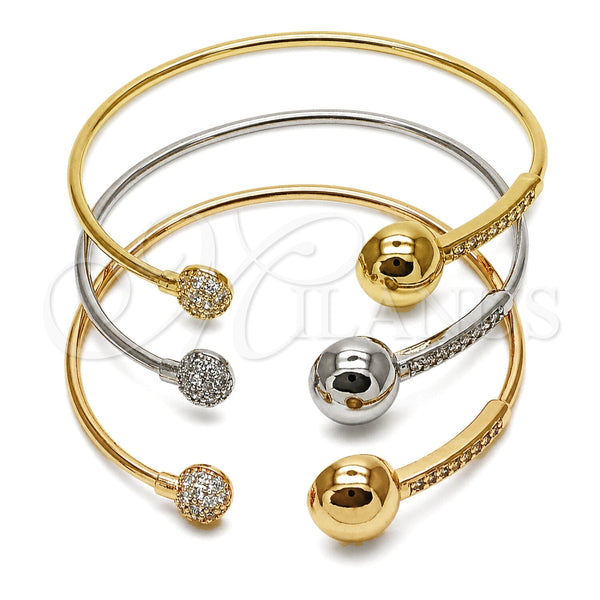 Oro Laminado Trio Bangle, Gold Filled Style Ball Design, with White Cubic Zirconia, Polished, Tricolor for wholesale, main product view