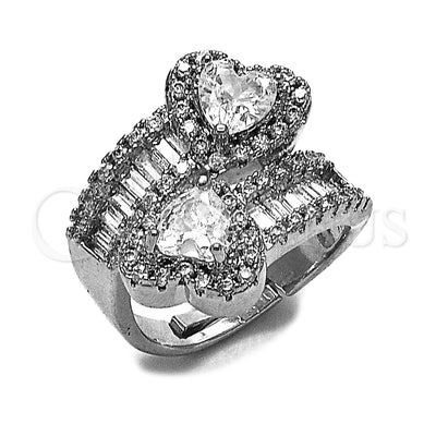 White Gold Filled Multi Stone Ring, Heart and Baguette Design, with White Cubic Zirconia and White Micro Pave, Polished, Rhodium Finish, 01.283.0035.1 (One size fits all)