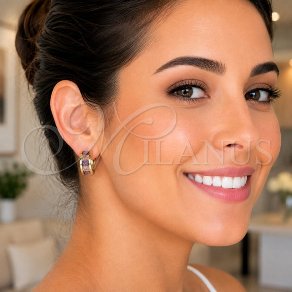 Oro Laminado Huggie Hoop, Gold Filled Style Baguette and Heart Design, with White and Amethyst Cubic Zirconia, Polished, Golden Finish, 02.185.0010.20