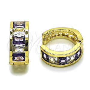Oro Laminado Huggie Hoop, Gold Filled Style Baguette and Heart Design, with White and Amethyst Cubic Zirconia, Polished, Golden Finish, 02.185.0010.20