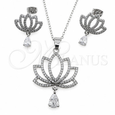 White Gold Filled Earring and Pendant Adult Set, Flower and Teardrop Design, with White Cubic Zirconia and White Micro Pave, Polished, Rhodium Finish, 10.264.0005