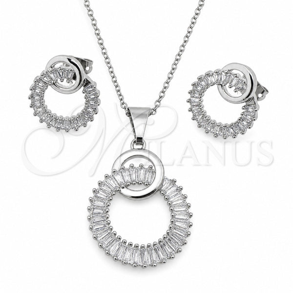 White Gold Filled Earring and Pendant Adult Set, Baguette Design, with White Cubic Zirconia, Polished, Rhodium Finish, 10.264.0007