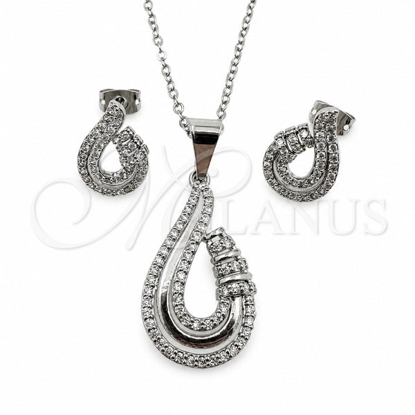 White Gold Filled Earring and Pendant Adult Set, Teardrop Design, with White Cubic Zirconia and White Micro Pave, Polished, Rhodium Finish, 10.264.0008