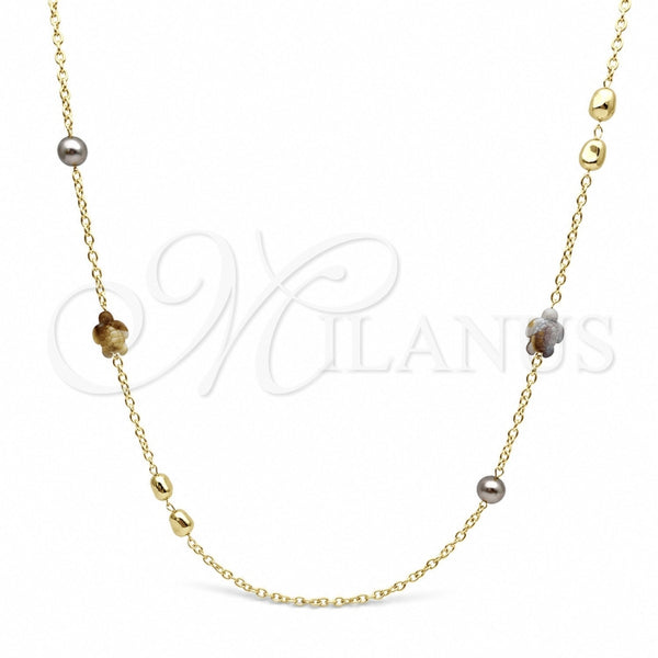 Oro Laminado Fancy Necklace, Gold Filled Style Turtle and Ball Design, with Ivory Mother of Pearl and Gray Pearl, Polished, Golden Finish, 04.414.0002.36 (04 MM Thickness, 36 Inches Length)
