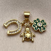 Oro Laminado Fancy Pendant, Gold Filled Style Flower and Turtle Design, with White Cubic Zirconia, Green Enamel Finish, Golden Finish, 05.459.0089