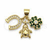 Oro Laminado Fancy Pendant, Gold Filled Style Flower and Turtle Design, with White Cubic Zirconia, Green Enamel Finish, Golden Finish, 05.459.0089