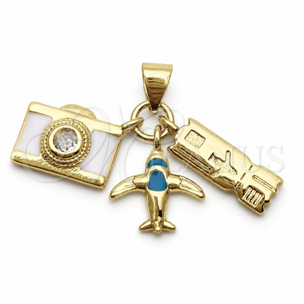 Oro Laminado Fancy Pendant, Gold Filled Style Airplane Design, with White Cubic Zirconia, White Enamel Finish, Golden Finish, 05.459.0090