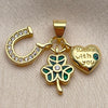 Oro Laminado Fancy Pendant, Gold Filled Style Horseshoe and Heart Design, with Green and White Cubic Zirconia, Green Enamel Finish, Golden Finish, 05.459.0091
