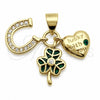 Oro Laminado Fancy Pendant, Gold Filled Style Horseshoe and Heart Design, with Green and White Cubic Zirconia, Green Enamel Finish, Golden Finish, 05.459.0091