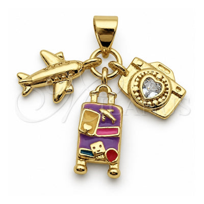 Oro Laminado Fancy Pendant, Gold Filled Style Heart and Airplane Design, with White Cubic Zirconia, Multicolor Enamel Finish, Golden Finish, 05.459.0092