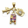 Oro Laminado Fancy Pendant, Gold Filled Style Heart and Airplane Design, with White Cubic Zirconia, Multicolor Enamel Finish, Golden Finish, 05.459.0092