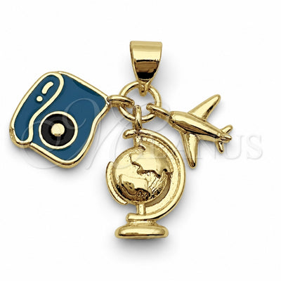 Oro Laminado Fancy Pendant, Gold Filled Style Airplane Design, Blue Enamel Finish, Golden Finish, 05.459.0093