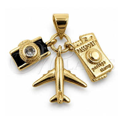 Oro Laminado Fancy Pendant, Gold Filled Style Airplane and Passport Design, with White Cubic Zirconia, Black Enamel Finish, Golden Finish, 05.459.0094