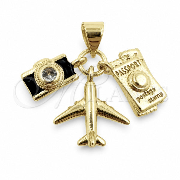 Oro Laminado Fancy Pendant, Gold Filled Style Airplane and Passport Design, with White Cubic Zirconia, Black Enamel Finish, Golden Finish, 05.459.0094