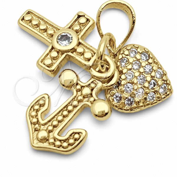 Oro Laminado Fancy Pendant, Gold Filled Style Heart and Cross Design, with White Cubic Zirconia, Polished, Golden Finish, 05.459.0095