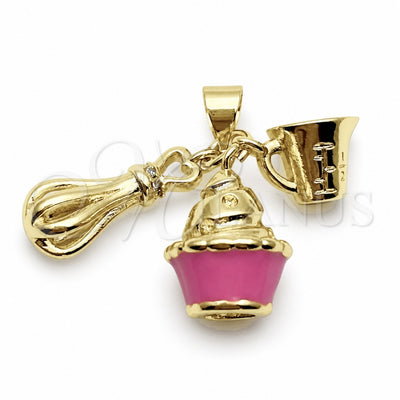 Oro Laminado Fancy Pendant, Gold Filled Style Cupcake Design, with White Cubic Zirconia, Pink Enamel Finish, Golden Finish, 05.459.0096