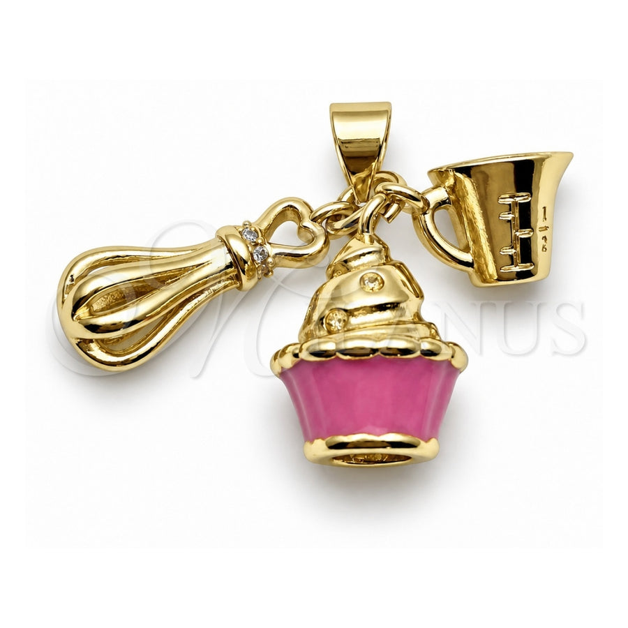 Oro Laminado Fancy Pendant, Gold Filled Style Cupcake Design, with White Cubic Zirconia, Pink Enamel Finish, Golden Finish, 05.459.0096