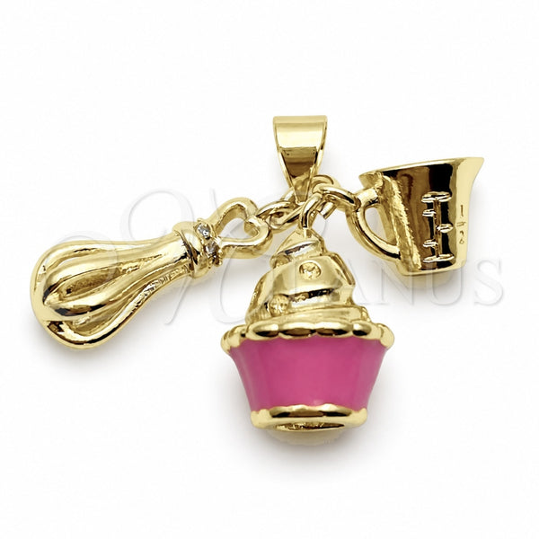 Oro Laminado Fancy Pendant, Gold Filled Style Cupcake Design, with White Cubic Zirconia, Pink Enamel Finish, Golden Finish, 05.459.0096