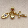 Oro Laminado Religious Pendant, Gold Filled Style Evil Eye and Heart Design, with White and Black Cubic Zirconia, Polished, Golden Finish, 05.459.0097