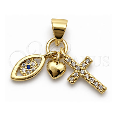 Oro Laminado Religious Pendant, Gold Filled Style Evil Eye and Heart Design, with White and Black Cubic Zirconia, Polished, Golden Finish, 05.459.0097