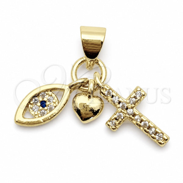 Oro Laminado Religious Pendant, Gold Filled Style Evil Eye and Heart Design, with White and Black Cubic Zirconia, Polished, Golden Finish, 05.459.0097
