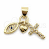 Oro Laminado Religious Pendant, Gold Filled Style Evil Eye and Heart Design, with White and Black Cubic Zirconia, Polished, Golden Finish, 05.459.0097