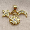 Oro Laminado Fancy Pendant, Gold Filled Style Star and Sun Design, with White Cubic Zirconia, Polished, Golden Finish, 05.459.0098