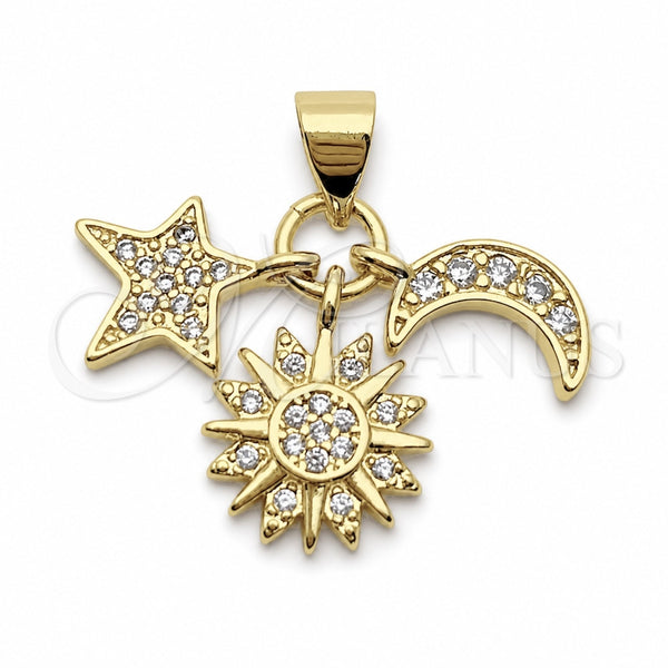 Oro Laminado Fancy Pendant, Gold Filled Style Star and Sun Design, with White Cubic Zirconia, Polished, Golden Finish, 05.459.0098