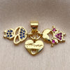 Oro Laminado Fancy Pendant, Gold Filled Style Heart and Little Girl Design, with Garnet and Aqua Blue Cubic Zirconia, Polished, Golden Finish, 05.459.0099
