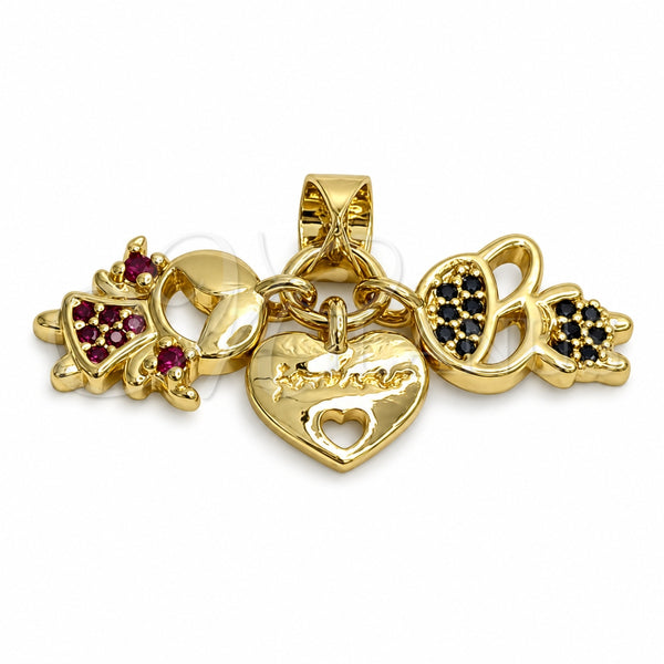 Oro Laminado Fancy Pendant, Gold Filled Style Heart and Little Girl Design, with Garnet and Aqua Blue Cubic Zirconia, Polished, Golden Finish, 05.459.0099