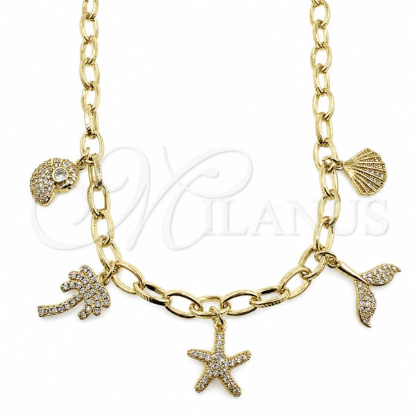 Oro Laminado Fancy Necklace, Gold Filled Style Rolo and Snail Design, with White Cubic Zirconia and White Micro Pave, Polished, Golden Finish, 04.470.0003.18 (Thickness, 18 Inches Length)